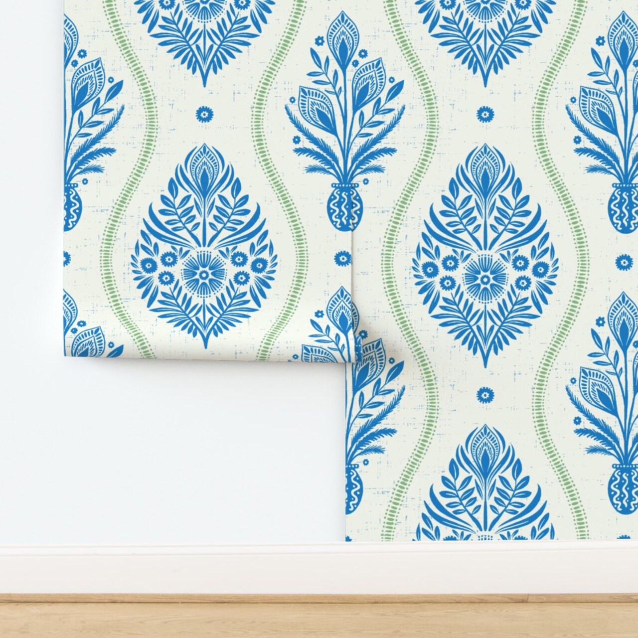 Botanical Preppy Peacock Feathers Peace Lilly Blue Green Beige White Custom Pre-pasted Wallpaper by Spoonflower Pre-Pasted Wallpaper 2FT Wide
